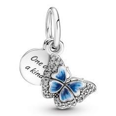 Butterfly sterling silver dangle with clear cubic zirconia, shaded blue and white enamel 790757C01