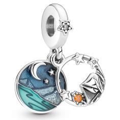 Camping sterling silver dangle with clear and orange cubic zirconia, glittery blue and transparent turquoise enamel 791686C01