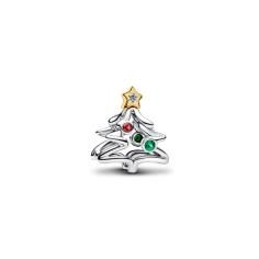Christmas tree sterling silver and 14k gold-plated charm with clear cubic zirconia, salsa red and royal green crystal 764248C01