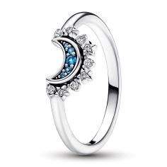 Celestial moon sterling silver ring with night blue crystal and clear cubic zirconia 192675C01-60