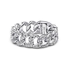 Cuban chain sterling silver ring with clear cubic zirconia 193557C01-56