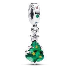 Christmas tree sterling silver dangle with clear, red cubic zirconia, stellar blue, royal green crystal and golden enamel 792983C01
