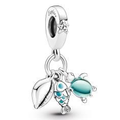 Fish, turtle and shell sterling silver dangle with bi-color green blue Murano glass and turquoise enamel 791697C01