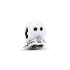 Ghost sterling silver charm with black crystal and shimmering white glow in the dark enamel 793404C01
