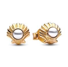 Disney The Little Mermaid seashell 14k gold-plated stud earrings with white lacquered artificial pearl 262686C01