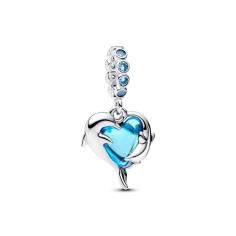 Dolphins sterling silver dangle with aqua blue Murano glass and icy blue crystal 793924C01