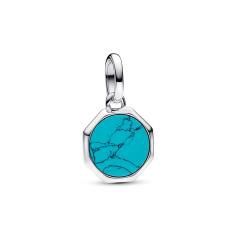 Engravable octagonal sterling silver mini medallion with man-made imitation of turquoise 793388C01