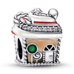 Gingerbread house sterling silver charm with clear cubic zirconia, white, red, brown and green enamel 792363C01