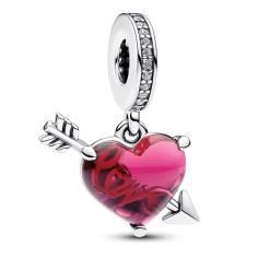 Heart and arrow sterling silver dangle with clear cubic zirconia and red Murano glass 793085C01
