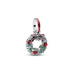 Holiday wreath sterling silver double dangle with clear cubic zirconia, royal green crystal and red glitter enamel 794238C01