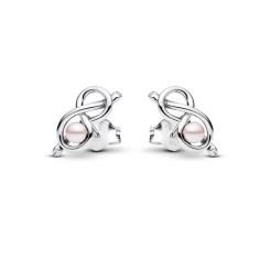 Infinity knot sterling silver stud earrings with pink lacquered artificial pearl and clear cubic zirconia 293761C01