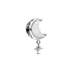 Moon and star sterling silver charm with white bioresin mother of pearl and clear cubic zirconia 793594C01