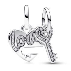 Love heart and key sterling silver splittable dangle with clear cubic zirconia 793081C01