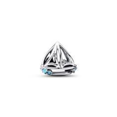 Sailboat sterling silver charm with clear cubic zirconia and capri blue crystal 793905C01