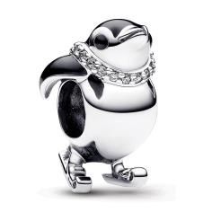 Skiing penguin sterling silver charm with clear cubic zirconia and black enamel 792988C01