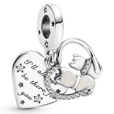 Sentimental Cat   Heart Silver Hanging Charm w Clear CZ   Shimmering Silver Enamel 799546C01