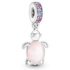 Sea turtle sterling silver dangle with frosted dichroic pink Murano glass, regal purple and phlox pink crystal 798939C02