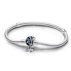 Snake chain sterling silver bracelet with moon clasp with stellar blue crystal and clear cubic zirconia 592819C01-18