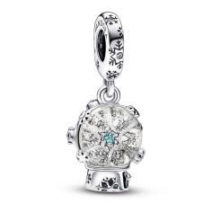 Snowglobe sterling silver dangle with clear and teal cubic zirconia and clear glitter Murano glass 792369C01