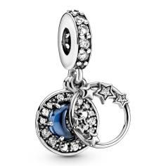 Star and Moon Silver Hanging Charm w Blue Crystal   CZ 799216C01