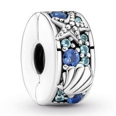 Starfish and shell sterling silver clip with icy green, stellar blue crystal and silicone grip 791678C01