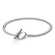 Snake chain sterling silver T-bar heart bracelet 599285C00-17