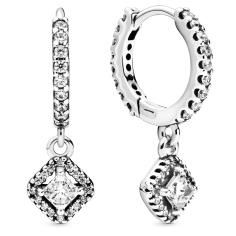Square Sparkle Silver Hoop Earrings w CZ 298503C01