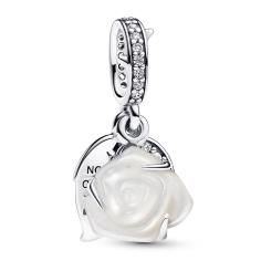 White rose sterling silver double dangle with white bioresin man-made mother of pearl and clear cubic zirconia 793200C01