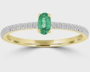 9ct Yellow Gold Emerald &amp; Diamond Ring 0.12CT HI I1 Size  N