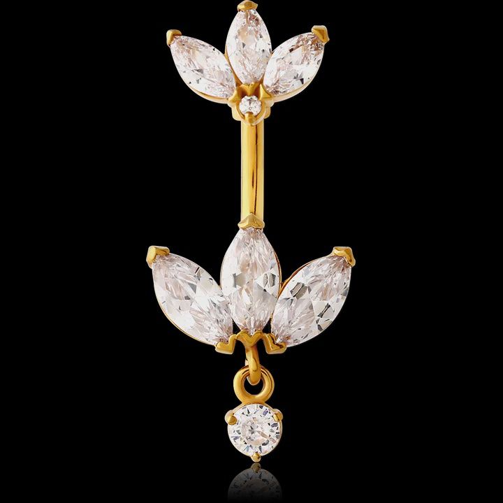 Gold PVD coated surgical steel internally threaded double jewelled navel banana