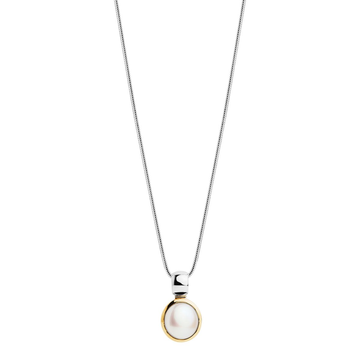 14x23mm silver/yell gold (14k 1mc) pendant with button pearl on C0031-55cm 1.4mm silver snake chain, antitarnish N7268