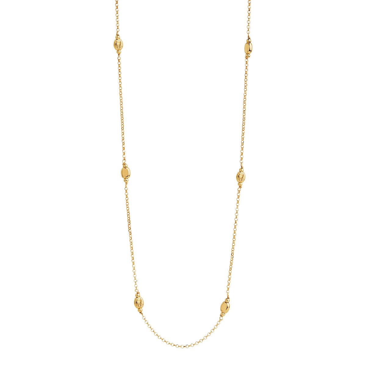 1.5mm yell gold (14k 2mc) diam.cut oval link chain with stations of textured rectangular beads around, 80cm, antitarnish N7243