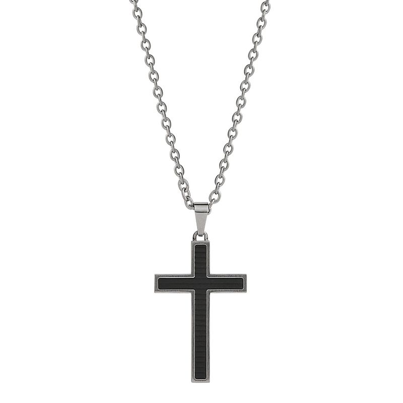 25x40mm stainless steel and black carbon fibre cross pendant on oval link steel chain, 55cm, antitarnish N9036