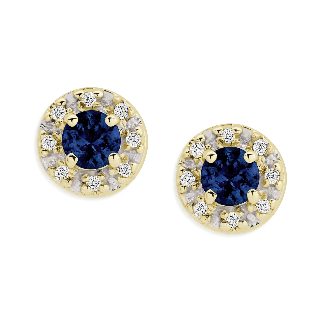 9Y round sapphire and diamond halo studs. TDW 0.06ct AU00363