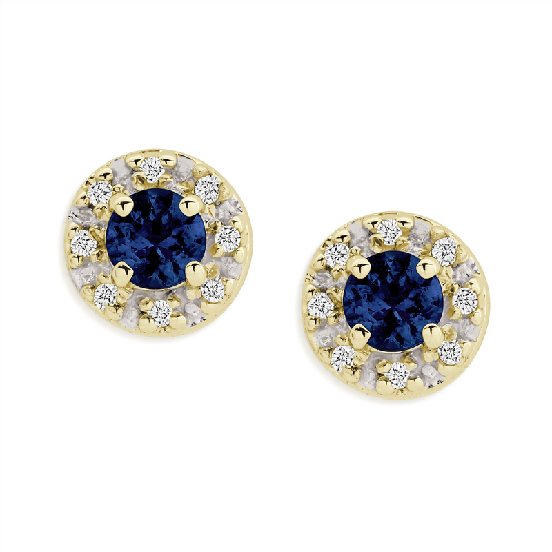9Y round sapphire and diamond halo studs. TDW 0.06ct AU00363