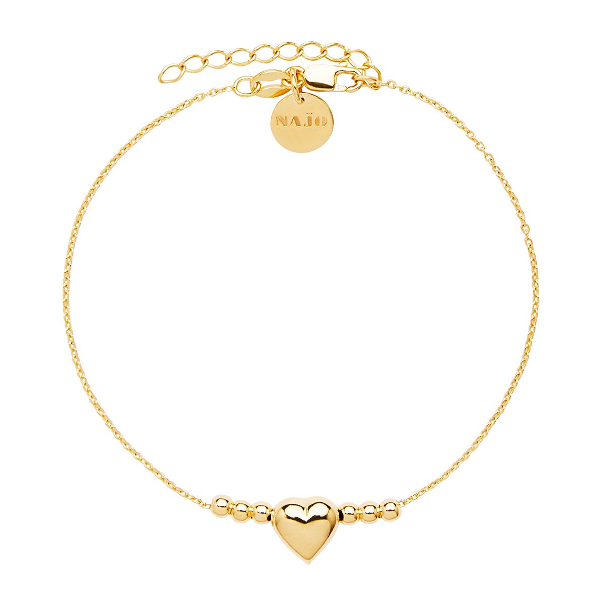 yellow gold (14k 2mc) plated silver 8.5mm puff heart   3mm round beads on 0.9mm chain, 18cm+3cm ext, antitarnish B7124