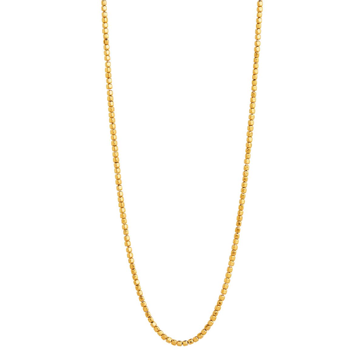 3mm yellow gold (14k 2mc) plated silver square beads threaded on chain necklace, 45cm + ext, antitarnish N7389