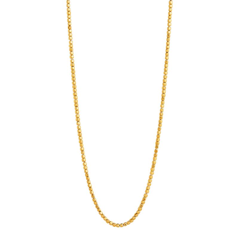 3mm yellow gold (14k 2mc) plated silver square beads threaded on chain necklace, 45cm + ext, antitarnish N7389