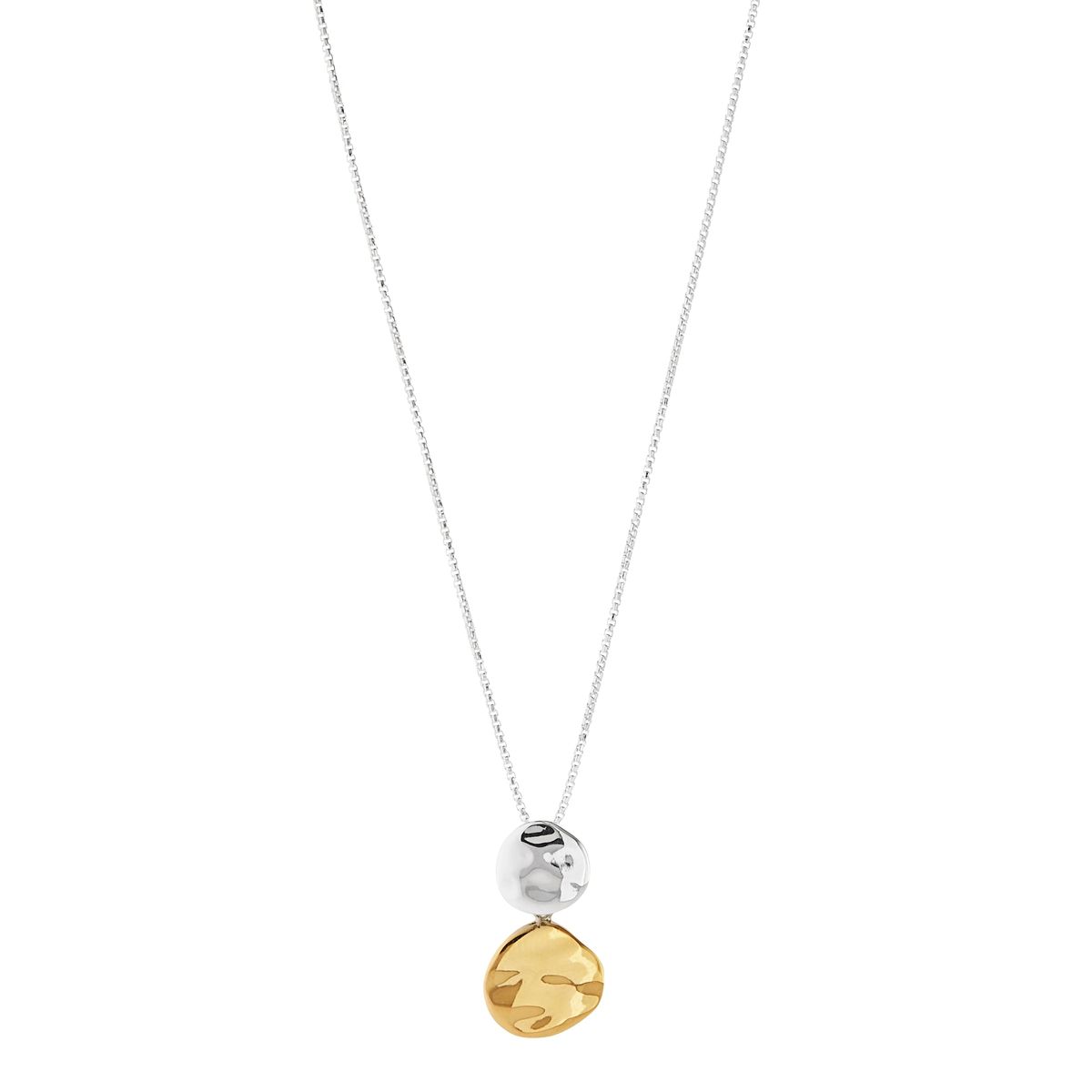 10x20mm 2-tone silver/yell gold (14k 1mc) double-disk pendant on C0132-42cm + ext, 0.8mm round box chain, antitarnish N6724