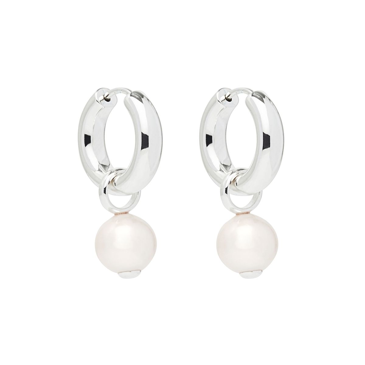 10-11mm freshwater white round, removable pearl charm on silver 4x18mm huggie earring, antitarnish E6336