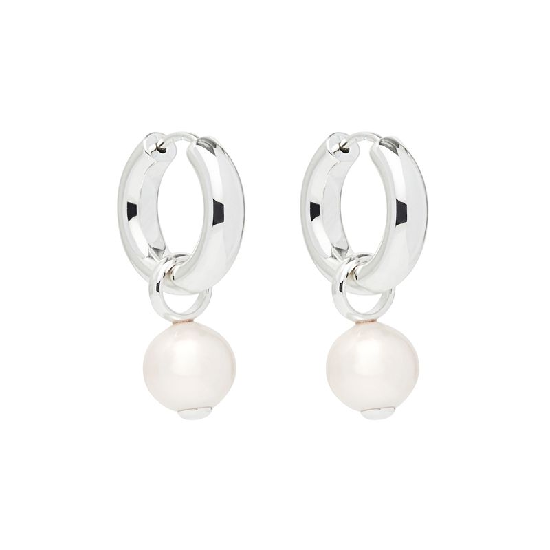 10-11mm freshwater white round, removable pearl charm on silver 4x18mm huggie earring, antitarnish E6336