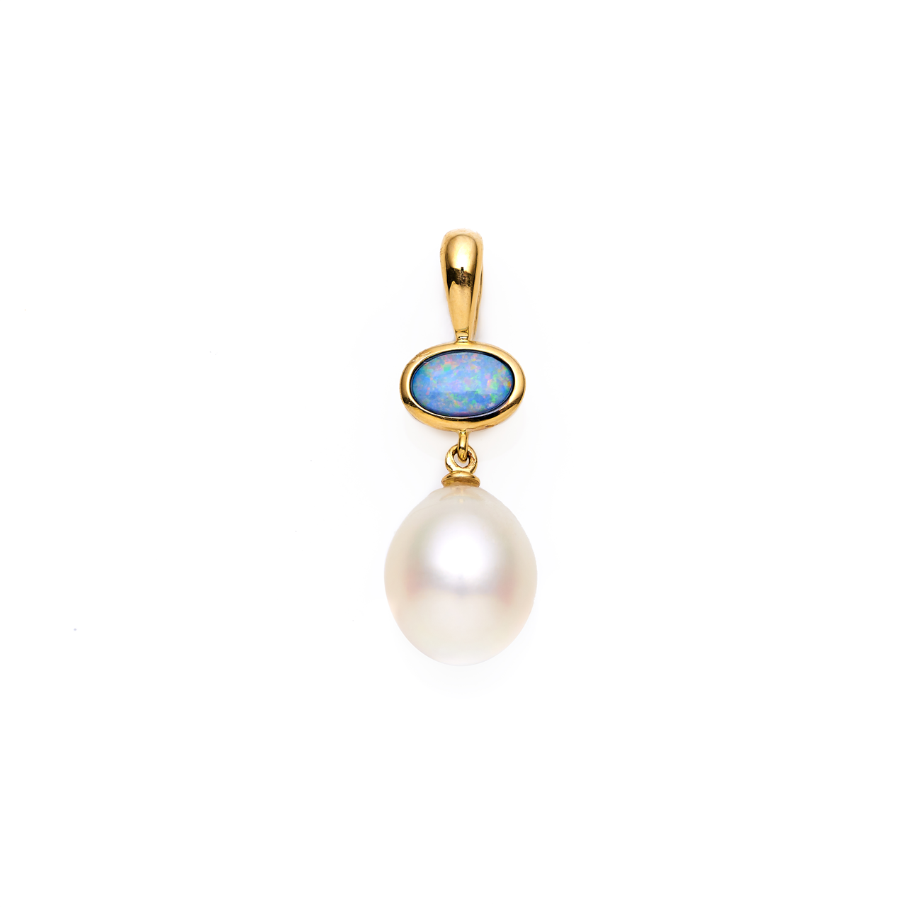 Tamarama Tide Pendant - 9CT YG White solid opal 6mm pend with 9mm white FWP drop South Australia Solid Light Opal Colour: Lagoon/Shape:Oval/Size:4 x 6mm Freshwater Cultured Pearl, white, drop shape, 9