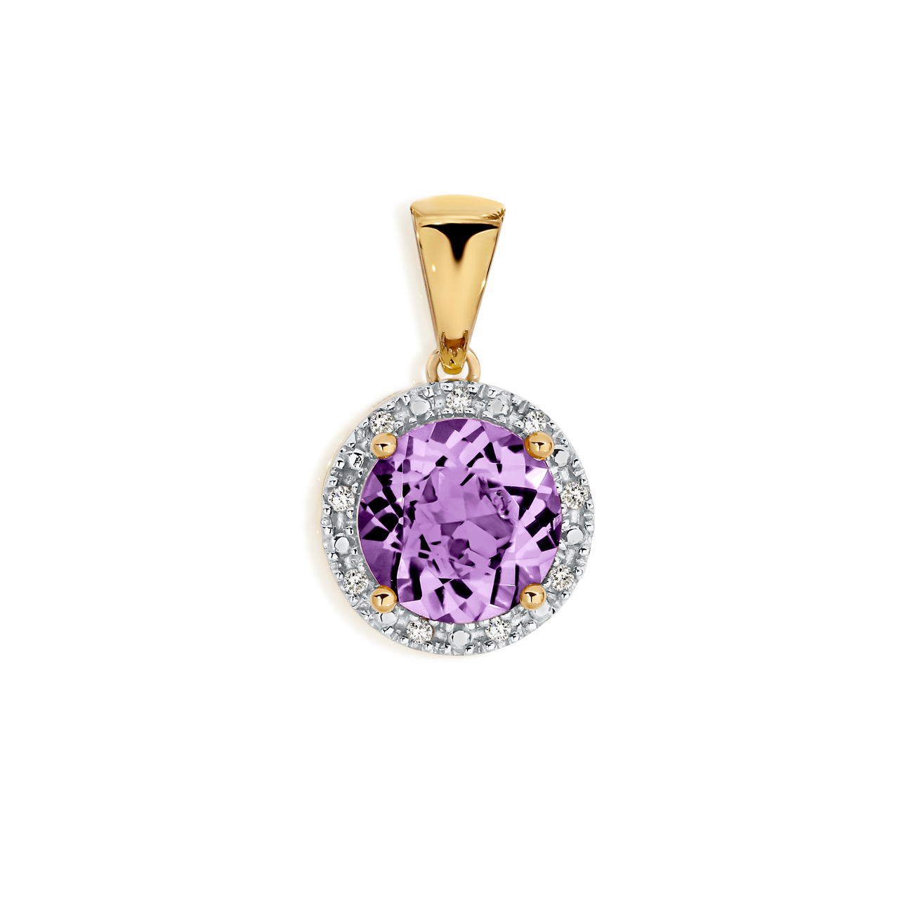 MP3615 9Y round amethyst and diamond halo pendant AU00309