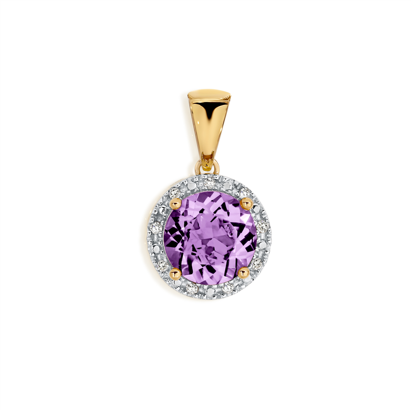 MP3615 9Y round amethyst and diamond halo pendant AU00309