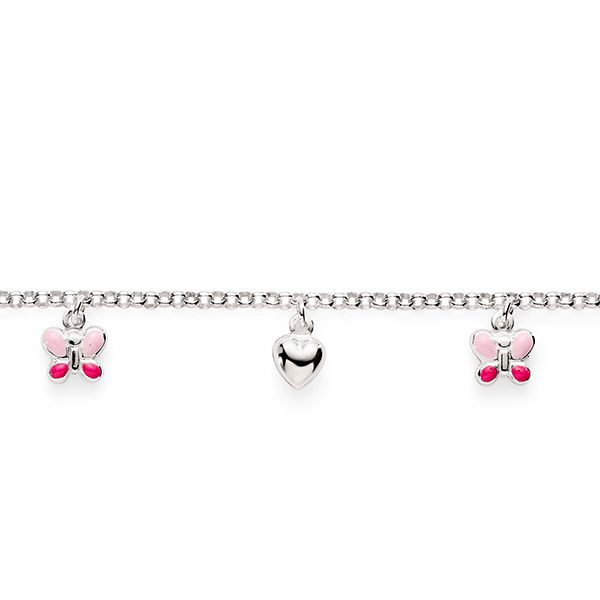 MP4060 SS belcher bracelet with polished heart and pink enamel butterfly charms 18.5cm AG00645