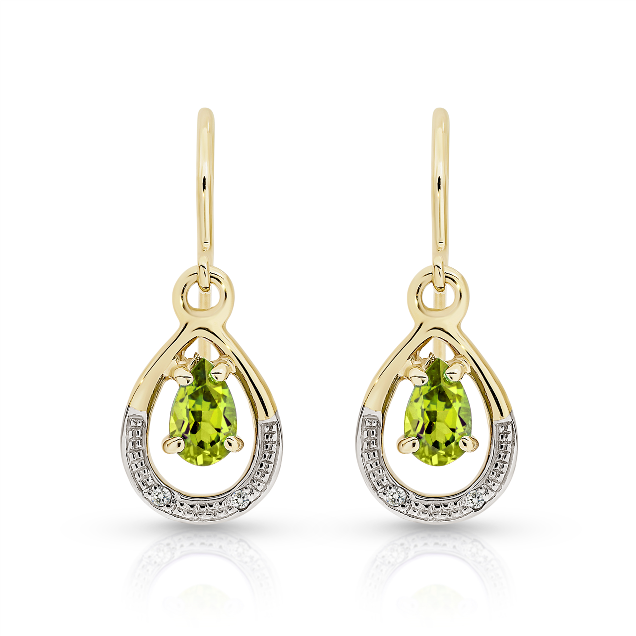 9Y pear shape peridot and diamond shepherd hook drop earrings AU00947