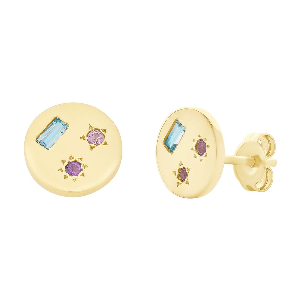 9ct Gold Earrings set with Blue Topaz, Amethyst &amp; Created Pink Sapphire M3144