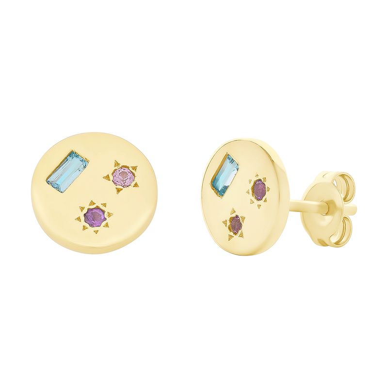 9ct Gold Earrings set with Blue Topaz, Amethyst &amp; Created Pink Sapphire M3144