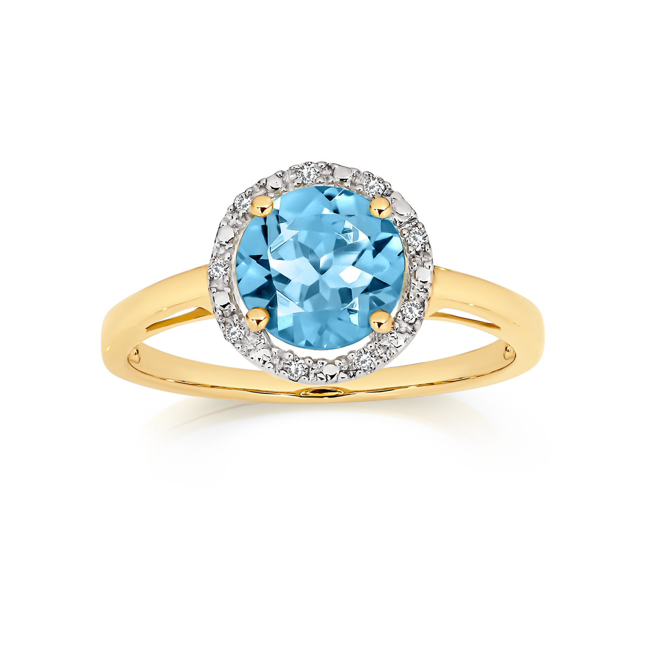 MP3682 9Y round blue topaz and diamond halo ring AU00325