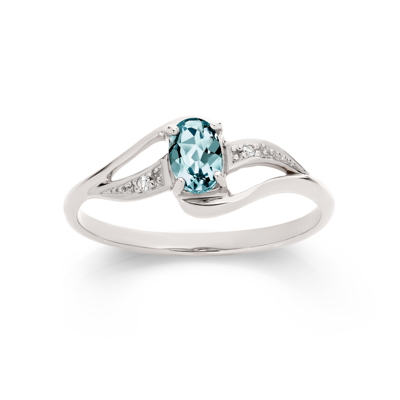 9W oval claw set aquamarine ring with crosswrap diamond set shoulders AU00518